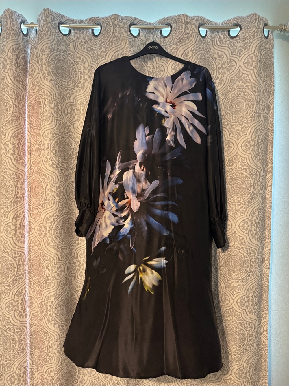 Marina Rinaldi Black Floral-Print Long Sleeve Midi Dress with Pastel Blooms